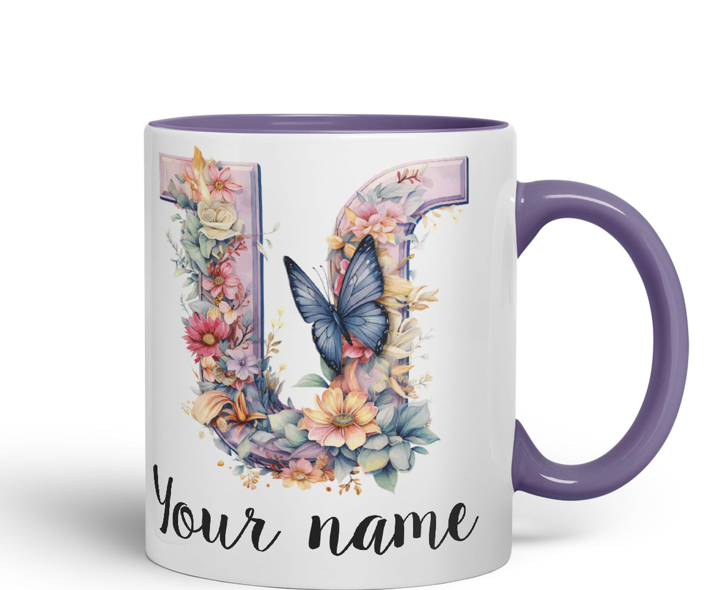 Personalised Letter U mug, Customized Custom Floral flowers butterfly Alphabet Letter U Monogram watercolour Ceramic Coloured Mug Cup for Tea Coffee Hot brew 330ml 11Oz Gift