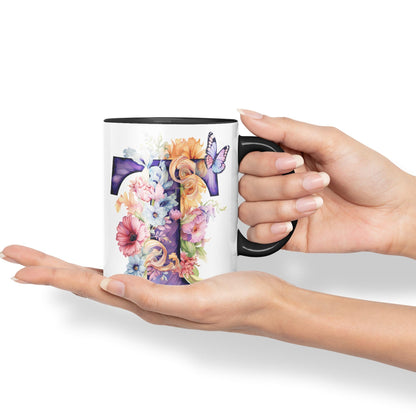 Letter T mug, Floral flowers butterfly Alphabet Letter T Monogram watercolour Ceramic Coloured Mug Cup for Tea Coffee Hot brew 330ml 11Oz Gift