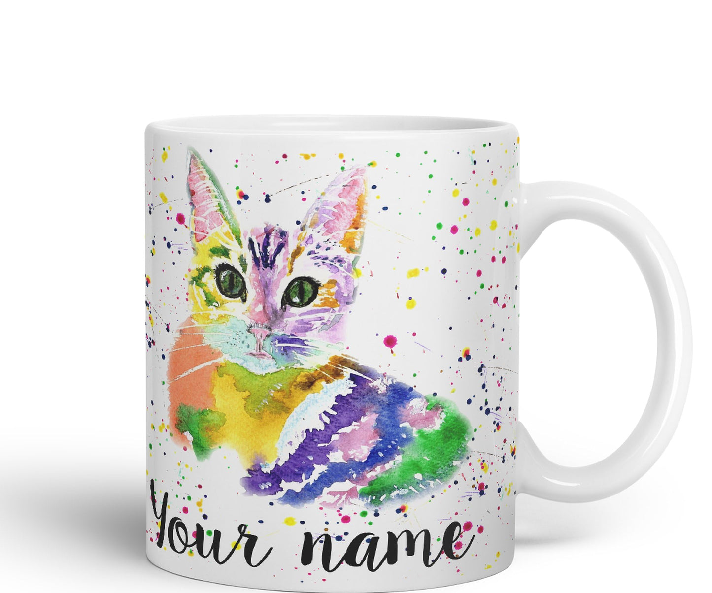 Vixar Personalised with Your Text Cat Kitten Feline Pet Animals Watercolour Art Coloured Ceramic Mug Cup Gift 330ml 11oz Custom Work Office Tea Coffee