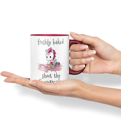 Freshly Baked, Shut The fucupcakes, Unicorn Sarcastic Joke Ceramic Coloured Mug Cup for Tea Coffee Hot Brew 330ml 11Oz