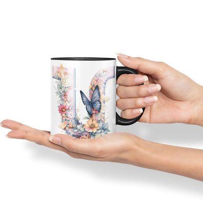 Letter U mug, Floral flowers butterfly Alphabet Letter U Monogram watercolour Ceramic Coloured Mug Cup for Tea Coffee Hot brew 330ml 11Oz Gift