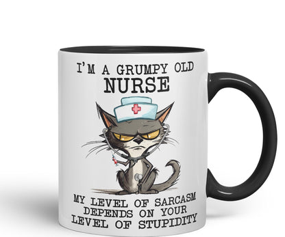 Vixar I'm A Grumpy Old Nurse My Level of Sarcasm Depends on Your Level of Stupidity Cats Sarcastic Joke Ceramic Coloured Mug Cup for Tea Coffee Hot Brew 330ml 11Oz