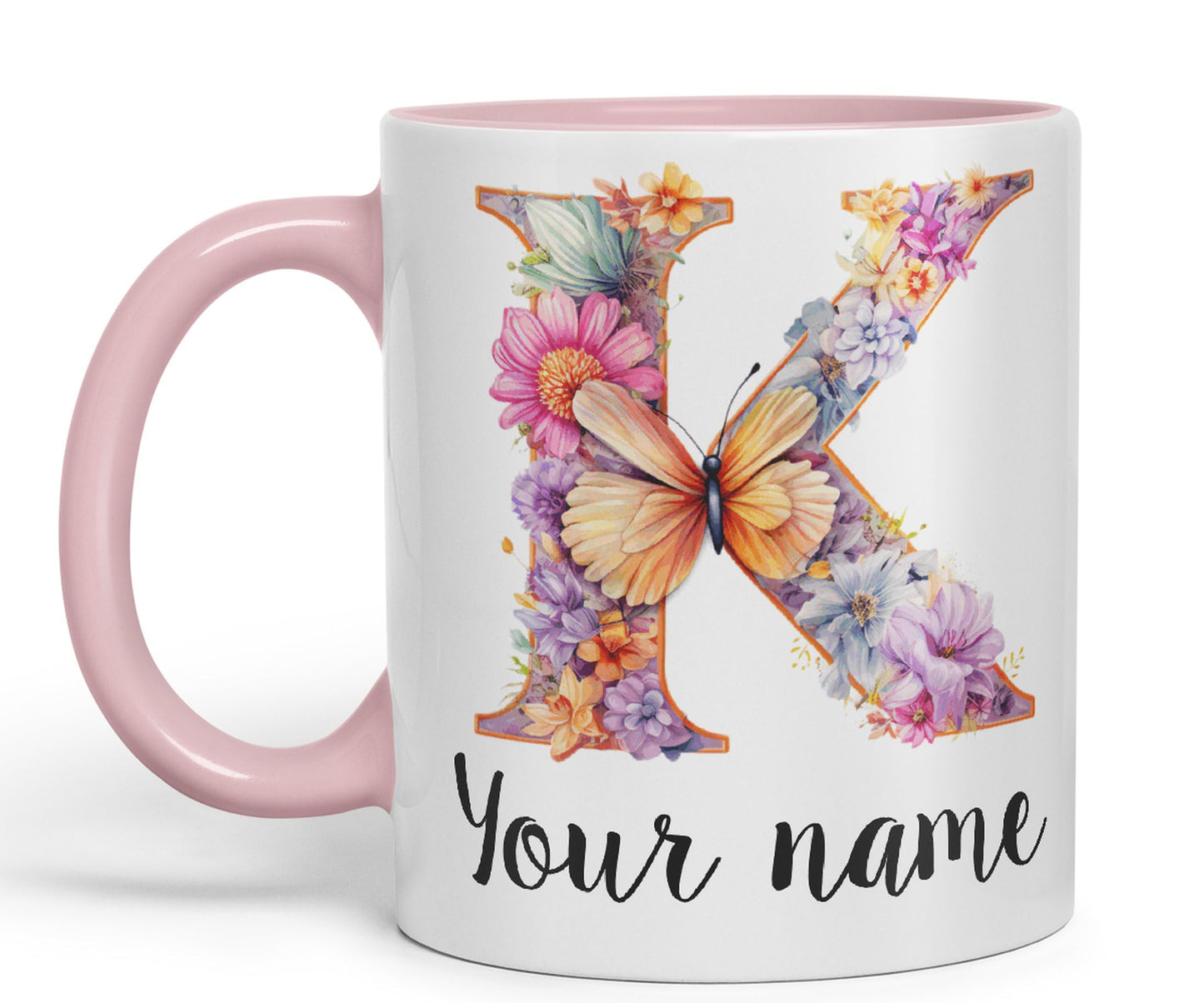 Personalised Letter K mug, Customized Custom Floral flowers butterfly Alphabet Letter K Monogram watercolour Ceramic Coloured Mug Cup for Tea Coffee Hot brew 330ml 11Oz Gift