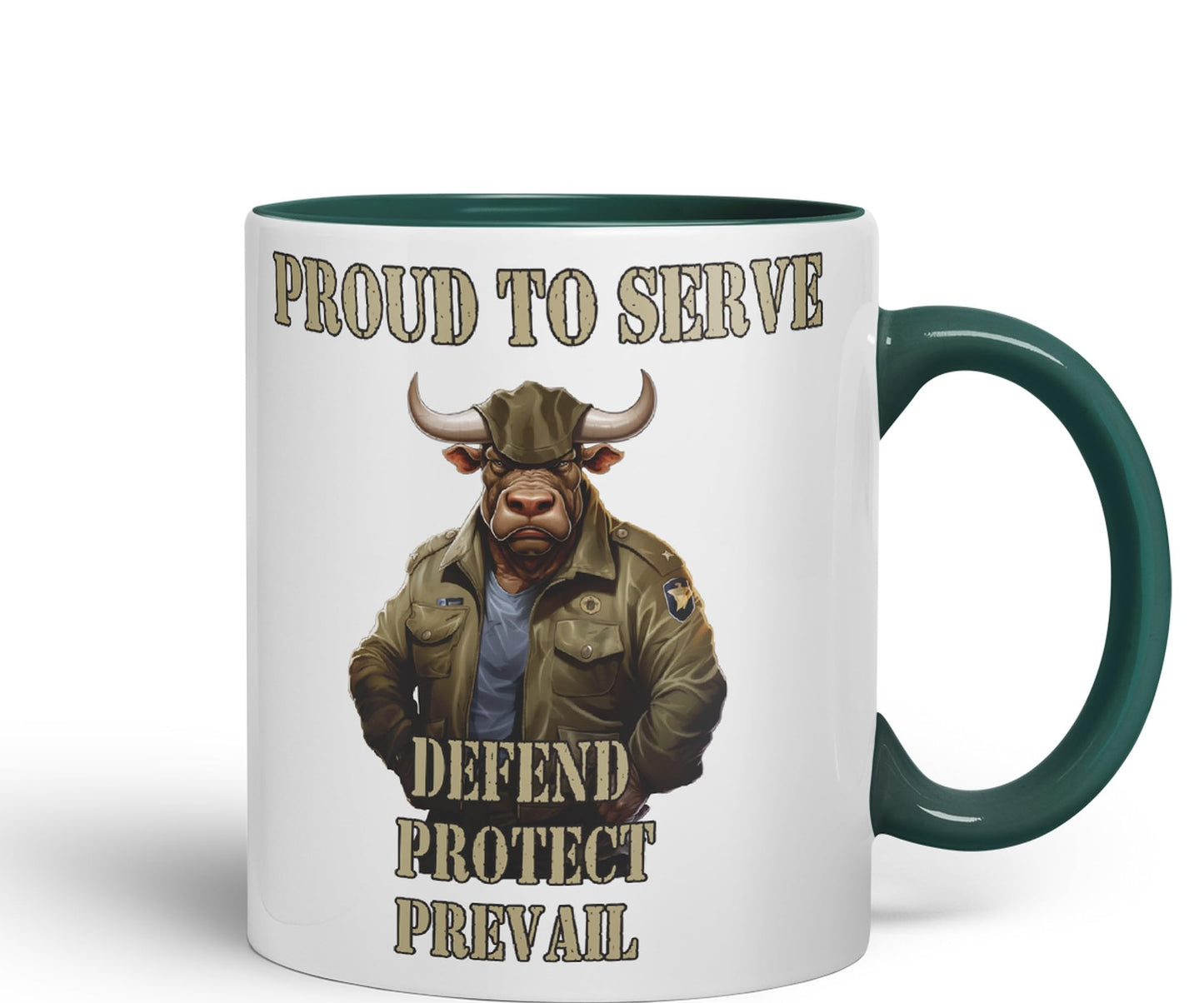 Proud to Serve Defend Protect Prevail Army Soldier Joke sarkasm Sarcastic Ceramic Coloured Mug Cup for Tea Coffee Hot Brew 330ml 11Oz Gift