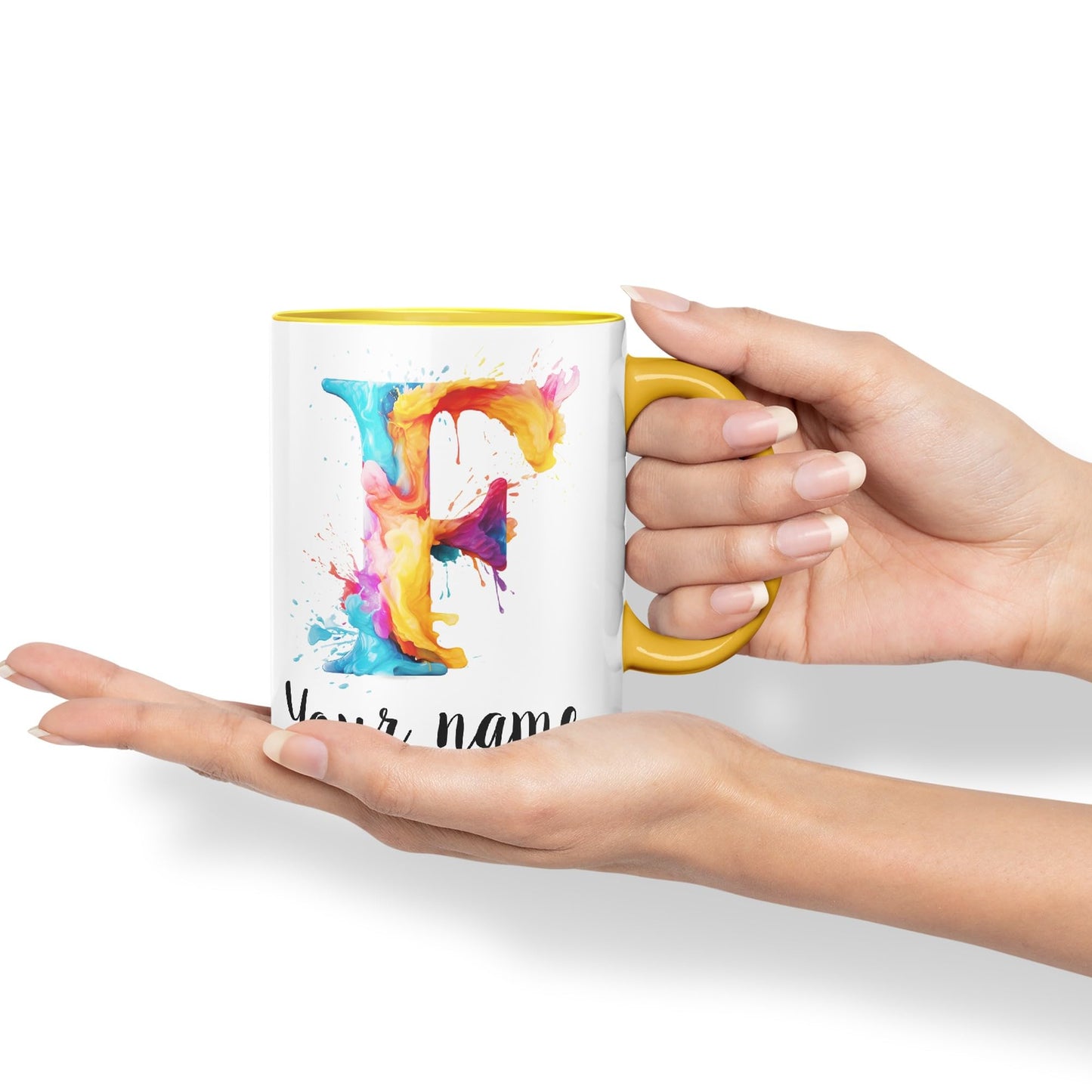 Personalised Letter F mug, Alphabet cusomized custom your Letter F Monogram watercolour Ceramic Coloured Mug Cup for Tea Coffee Hot brew 330ml 11Oz Gift