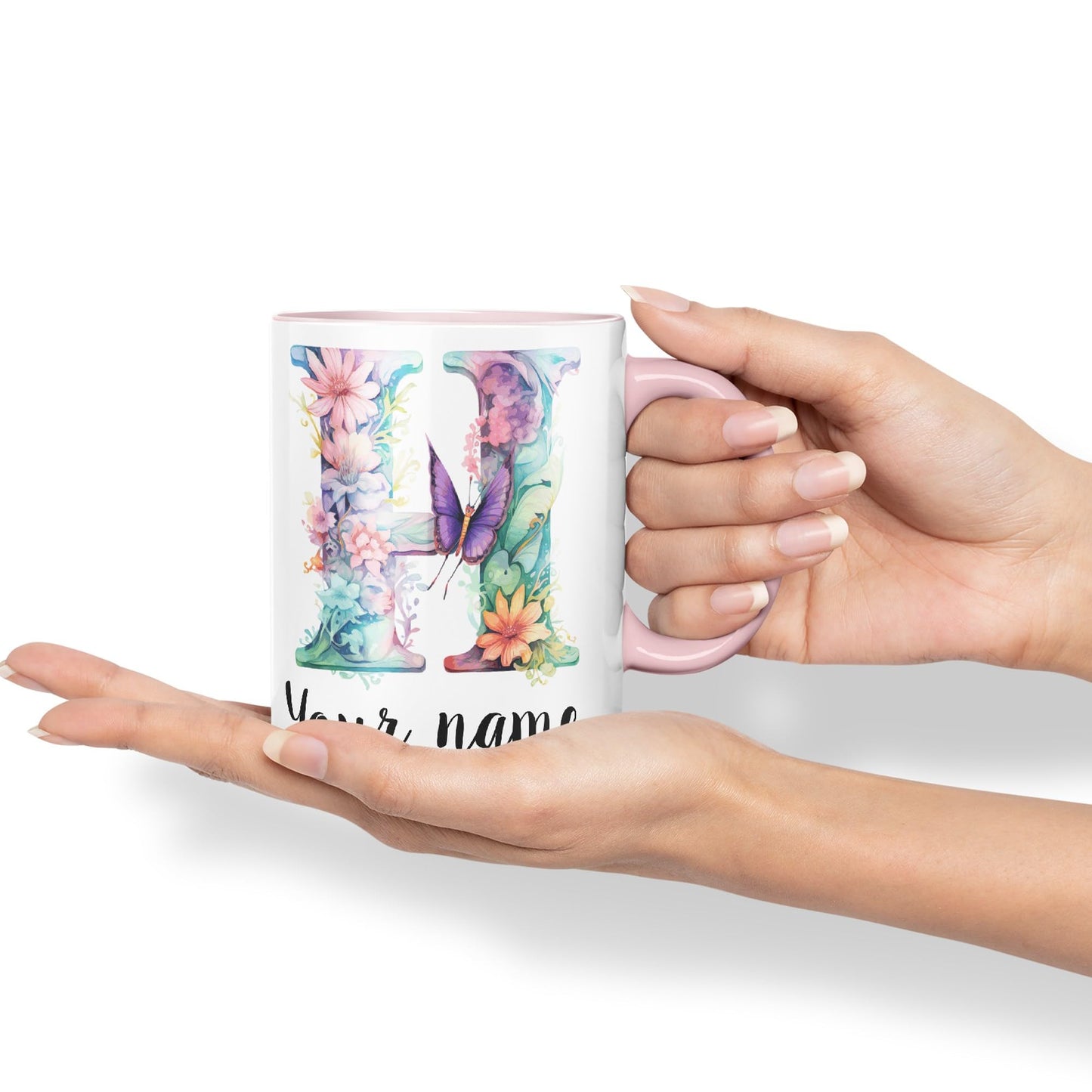 Personalised Letter H mug, Customized Custom Floral flowers butterfly Alphabet Letter H Monogram watercolour Ceramic Coloured Mug Cup for Tea Coffee Hot brew 330ml 11Oz Gift