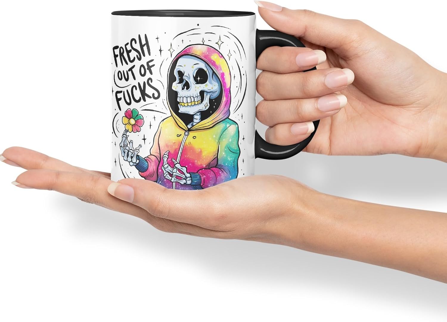 Vixar Fresh Out of Fs (Skeleton Hoodie) – Coloured Ceramic Mug Cup Gift, 11oz (Black)