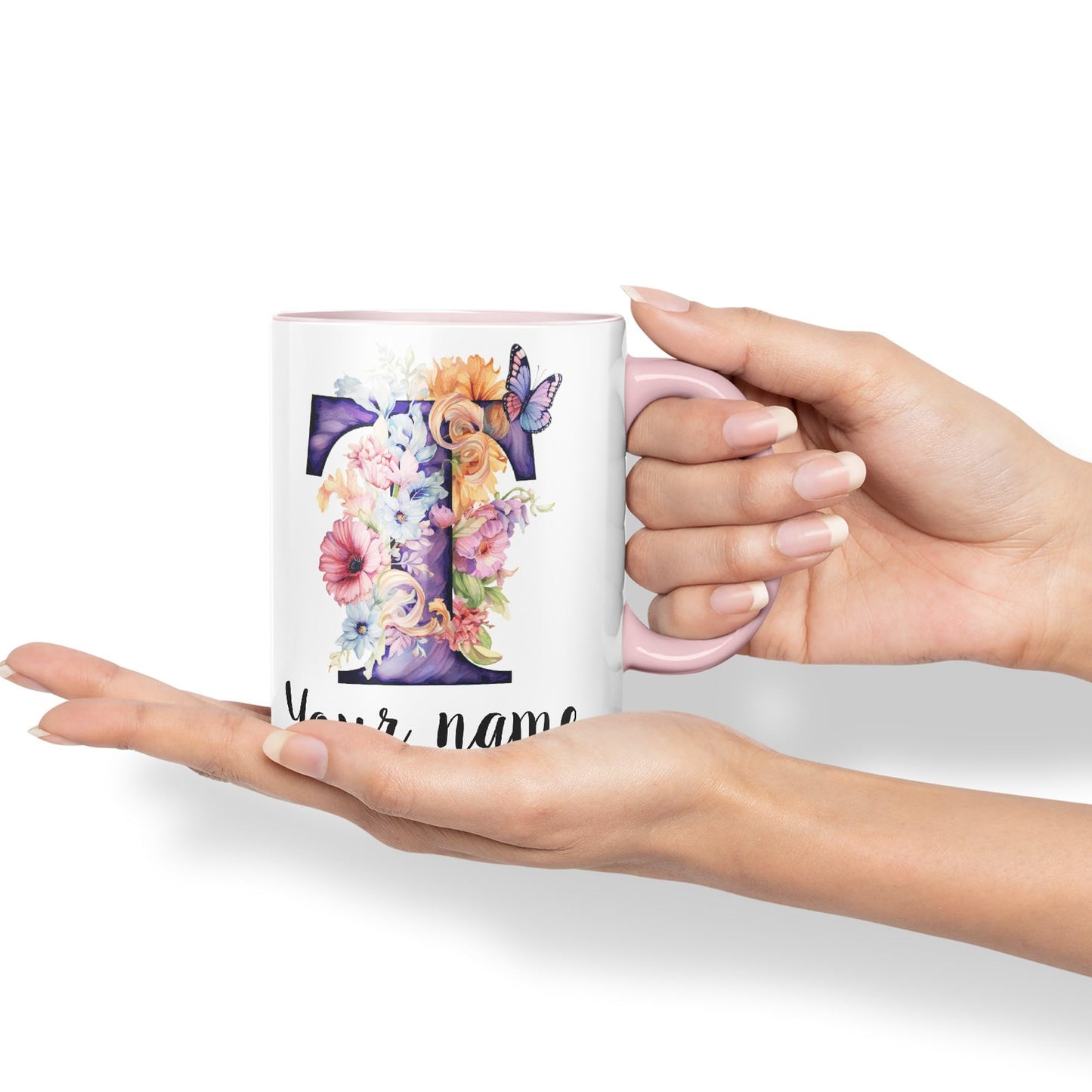 Personalised Letter T mug, Customized Custom Floral flowers butterfly Alphabet Letter T Monogram watercolour Ceramic Coloured Mug Cup for Tea Coffee Hot brew 330ml 11Oz Gift