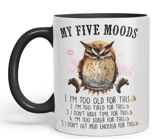 My Five Moods owl Sarcastic Joke Ceramic Coloured Mug Cup for Tea Coffee Hot Brew 330ml 11Oz