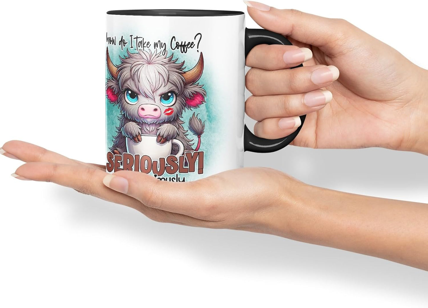 Vixar How Do I Take My Coffee? Seriously! Very Seriously Highland Cow Coloured Ceramic Mug Cup Gift for Coffee Lovers 11oz (Black)