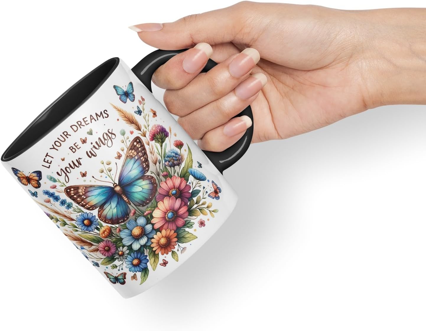 Vixar Let Your Dreams Be Your Wings Butterfly Coloured Mug Cup Floral Inspirational Gift 11oz (Black)