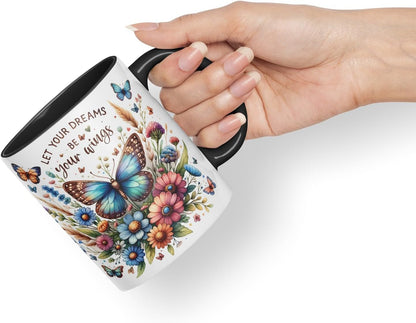 Vixar Let Your Dreams Be Your Wings Butterfly Coloured Mug Cup Floral Inspirational Gift 11oz (Black)