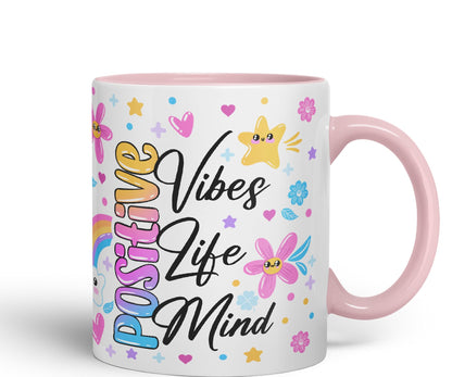 Positive Vibes Life Mind Presents Coloured Ceramic Mug Cup Gift 330ml 11oz Work Office Tea Coffee Gift