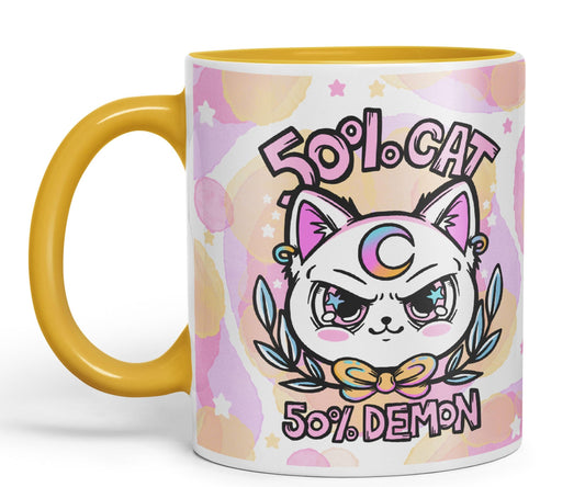 Vixar 50% Cat 50% Demon Cute cat Lovers, Kawaii Joke Coloured Ceramic Mug Cup Gift 330ml 11oz Work Office Tea Coffee