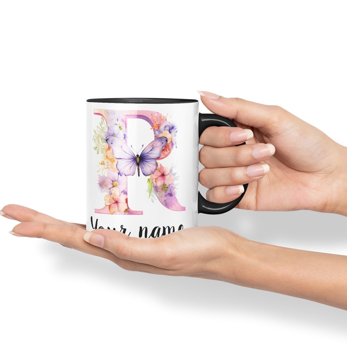 Personalised Letter R mug, Customized Custom Floral flowers butterfly Alphabet Letter R Monogram watercolour Ceramic Coloured Mug Cup for Tea Coffee Hot brew 330ml 11Oz Gift