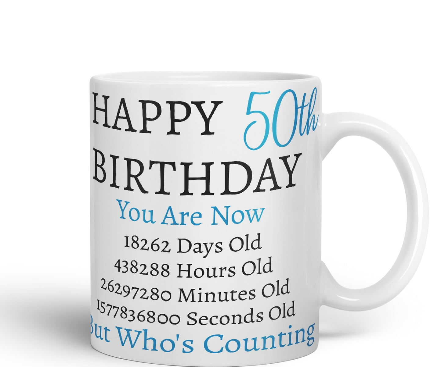 Vixar But Who's Counting Happy 50th Birthday Ceramic Coloured Mug Cup Gift Days Hours Minutes (Blue)