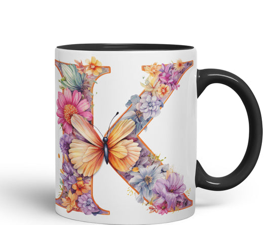 Letter K mug, Floral flowers butterfly Alphabet Letter K Monogram watercolour Ceramic Coloured Mug Cup for Tea Coffee Hot brew 330ml 11Oz Gift