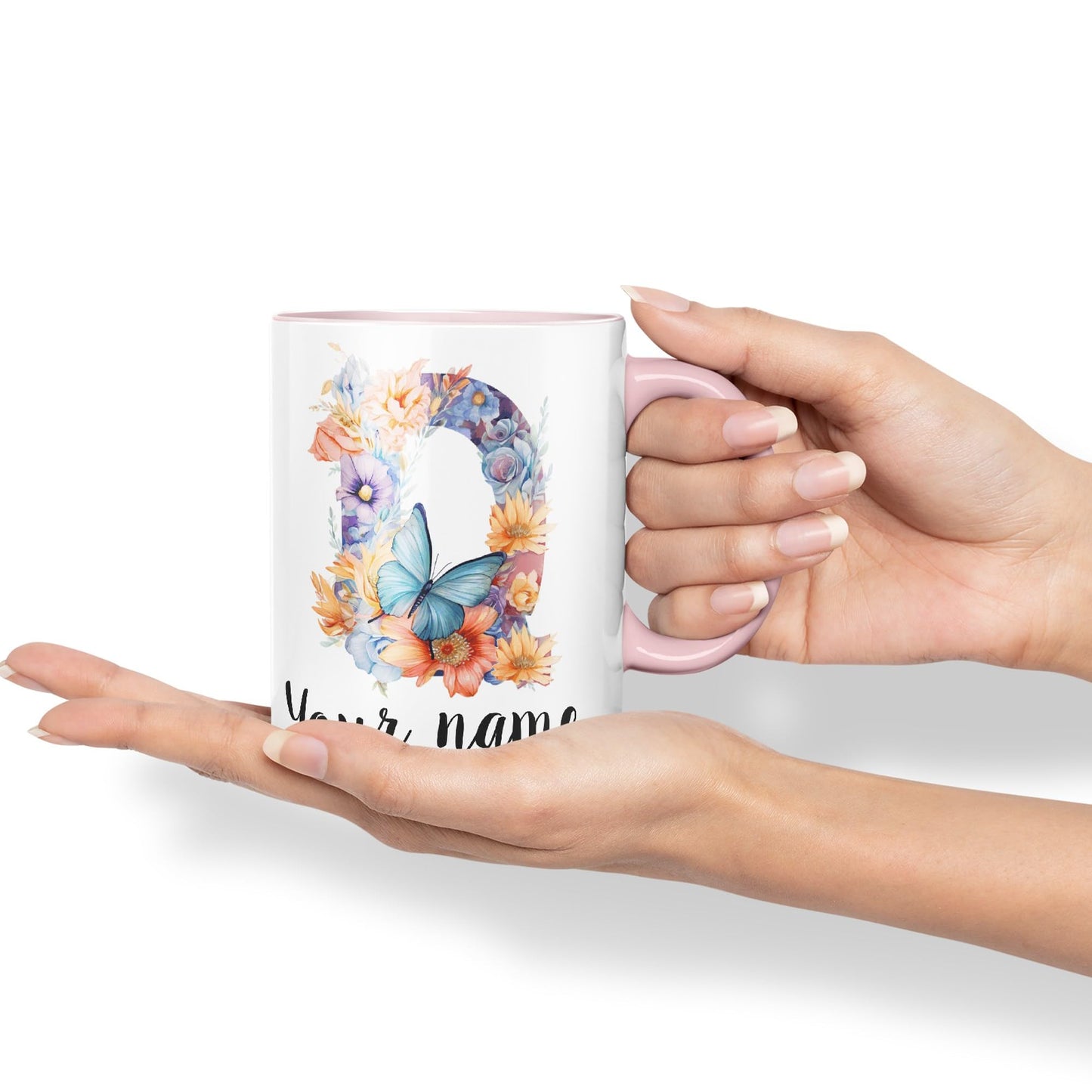 Personalised Letter Q mug, Customized Custom Floral flowers butterfly Alphabet Letter Q Monogram watercolour Ceramic Coloured Mug Cup for Tea Coffee Hot brew 330ml 11Oz Gift