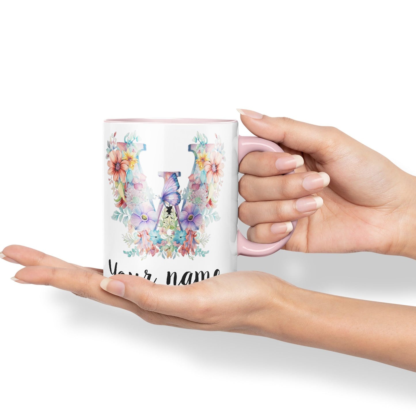 Personalised Letter W mug, Customized Custom Floral flowers butterfly Alphabet Letter W Monogram watercolour Ceramic Coloured Mug Cup for Tea Coffee Hot brew 330ml 11Oz Gift