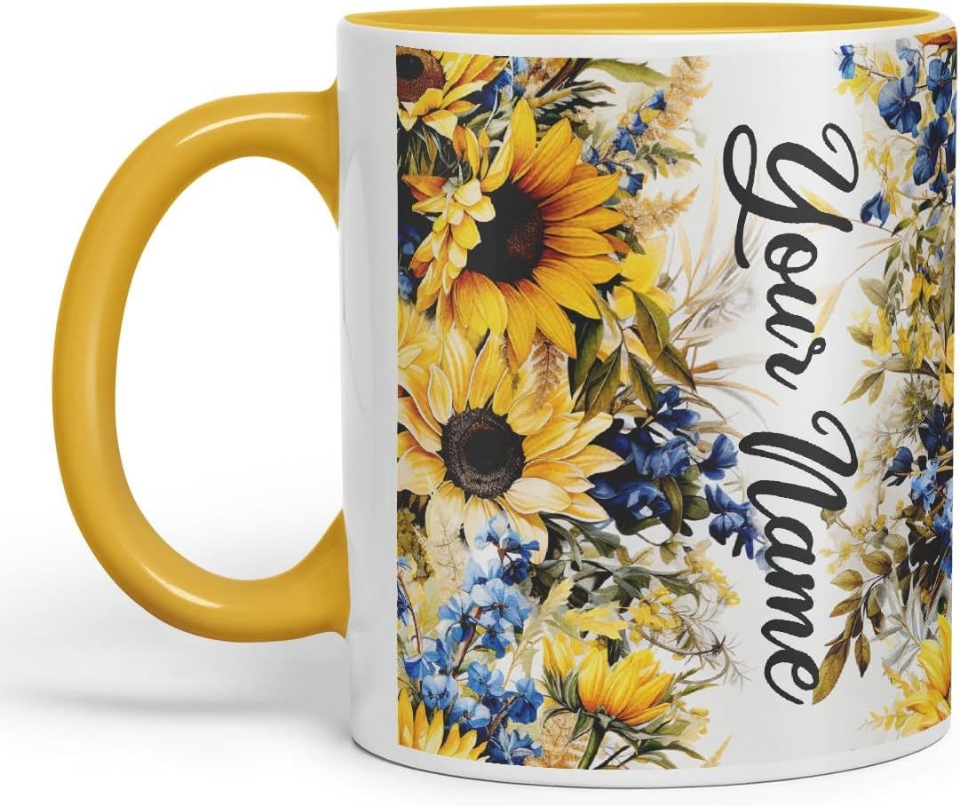 Vixar Personalised Sunflower Mug – Custom Your Name Coloured Ceramic Mug Cup Gift, 11oz (Gold Yellow)
