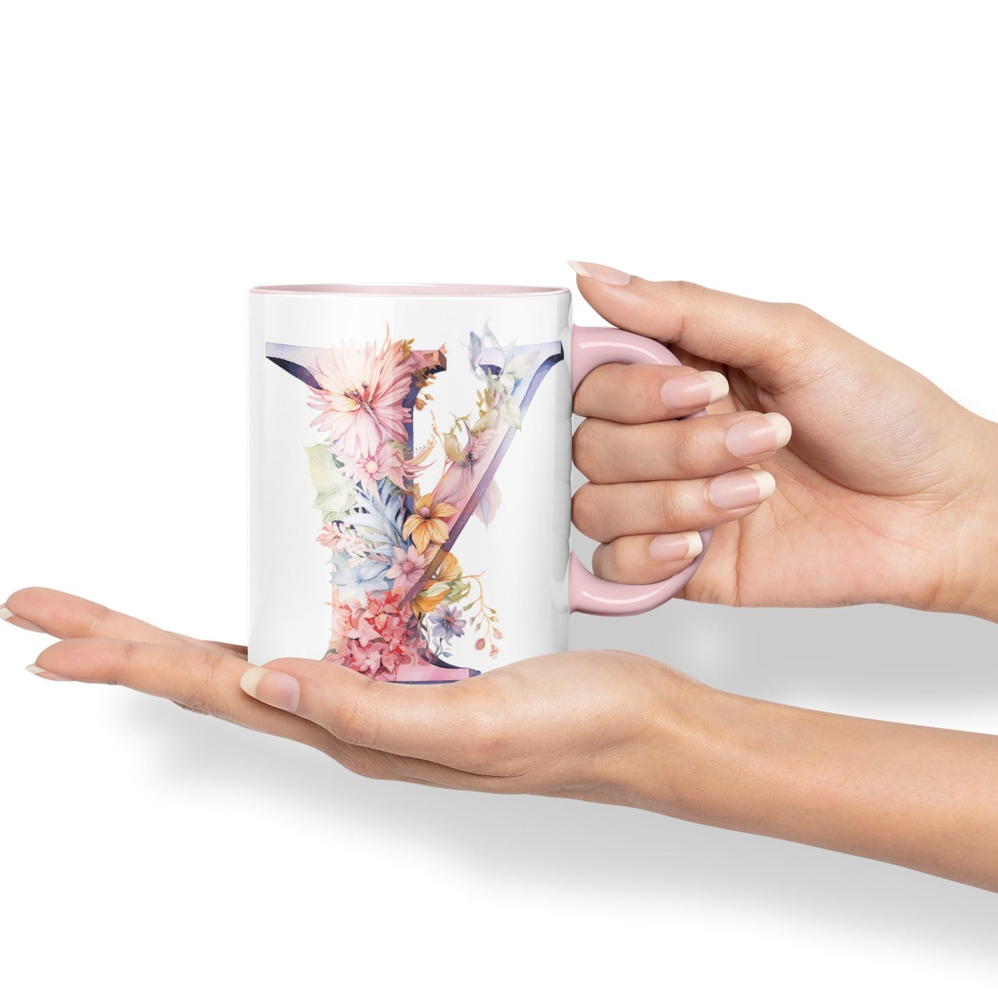 Letter Y mug, Floral flowers butterfly Alphabet Letter Y Monogram watercolour Ceramic Coloured Mug Cup for Tea Coffee Hot brew 330ml 11Oz Gift
