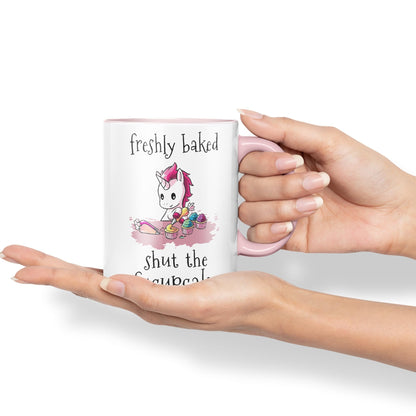 Freshly Baked, Shut The fucupcakes, Unicorn Sarcastic Joke Ceramic Coloured Mug Cup for Tea Coffee Hot Brew 330ml 11Oz
