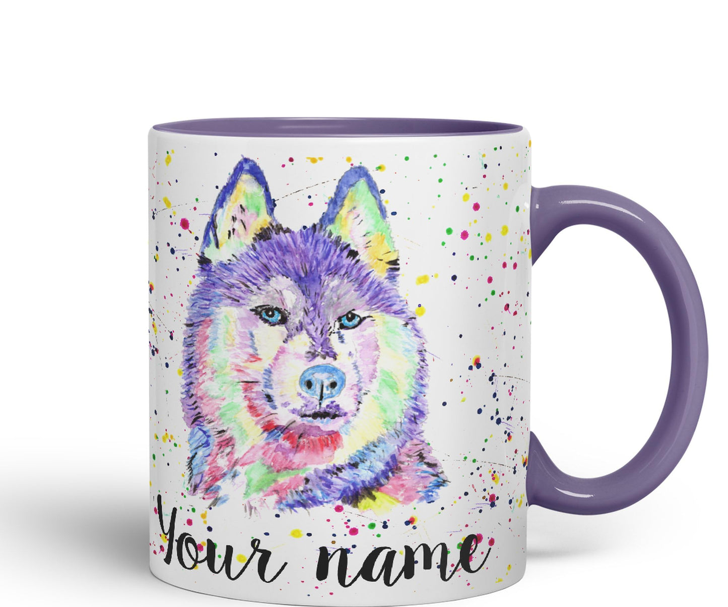 Vixar Personalised with Your Text Husky Snow Dog Pet Animals Watercolour Art Coloured Ceramic Mug Cup Gift 330ml 11oz Custom Work Office Tea Coffee