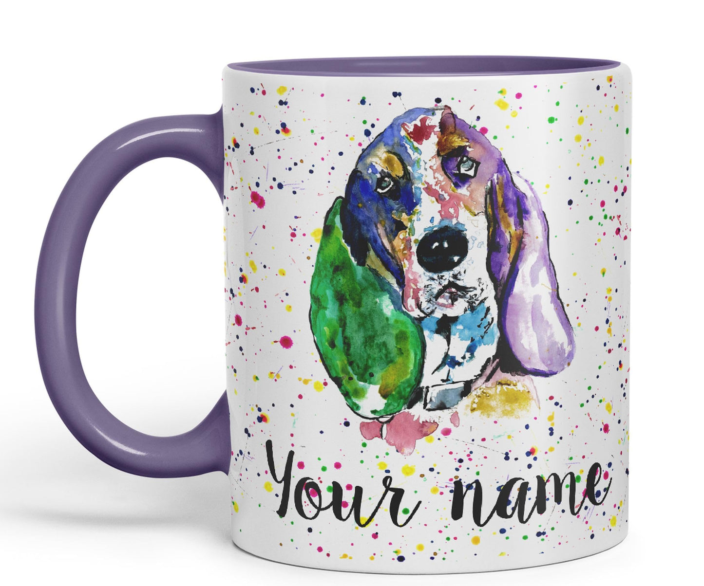 Personalised mug with Your Text name Basset Hound Hunting Dog Pet animals Watercolour Art Coloured Ceramic Mug Cup Gift 330ml 11oz Custom Work Office Tea Coffee