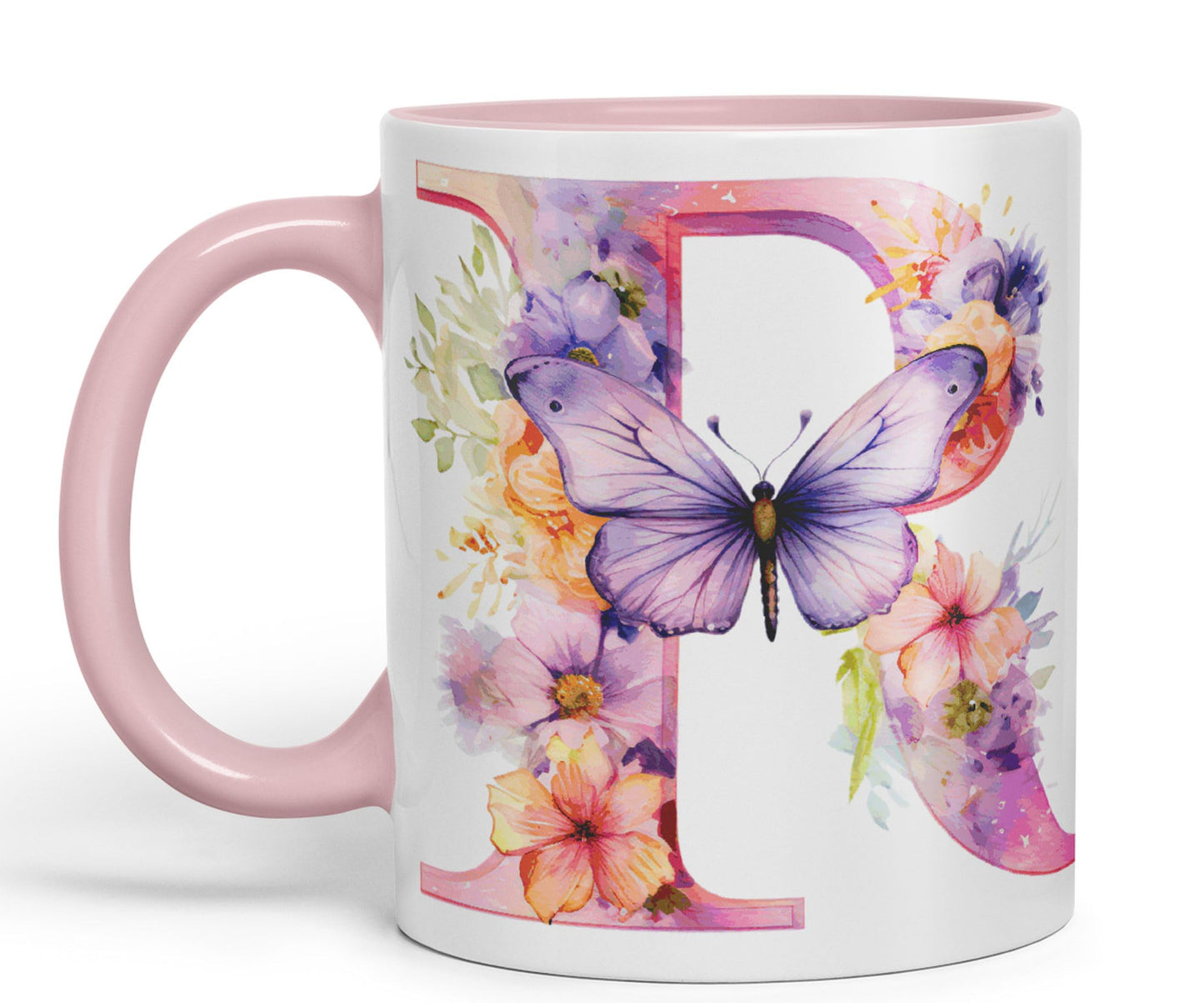 Letter R mug, Floral flowers butterfly Alphabet Letter R Monogram watercolour Ceramic Coloured Mug Cup for Tea Coffee Hot brew 330ml 11Oz Gift
