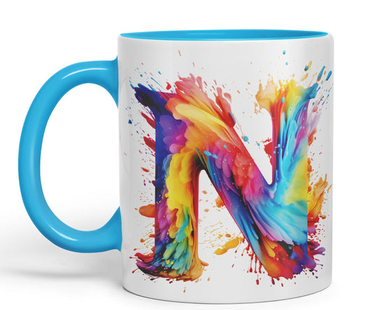 Letter N mug, Alphabet Letter N Monogram watercolour Ceramic Coloured Mug Cup for Tea Coffee Hot brew 330ml 11Oz Gift