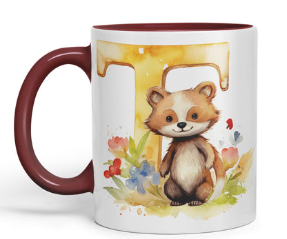 Letter T mug, Animals Alphabet Letter T Monogram animal for kids Ceramic Coloured Mug Cup for Tea Coffee Hot brew 330ml 11Oz Gift