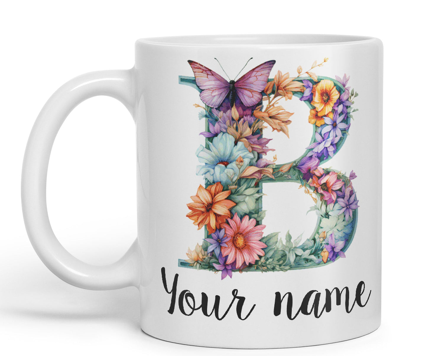 Personalised Letter B mug, Customized Custom Floral flowers butterfly Alphabet Letter B Monogram watercolour Ceramic Coloured Mug Cup for Tea Coffee Hot brew 330ml 11Oz Gift