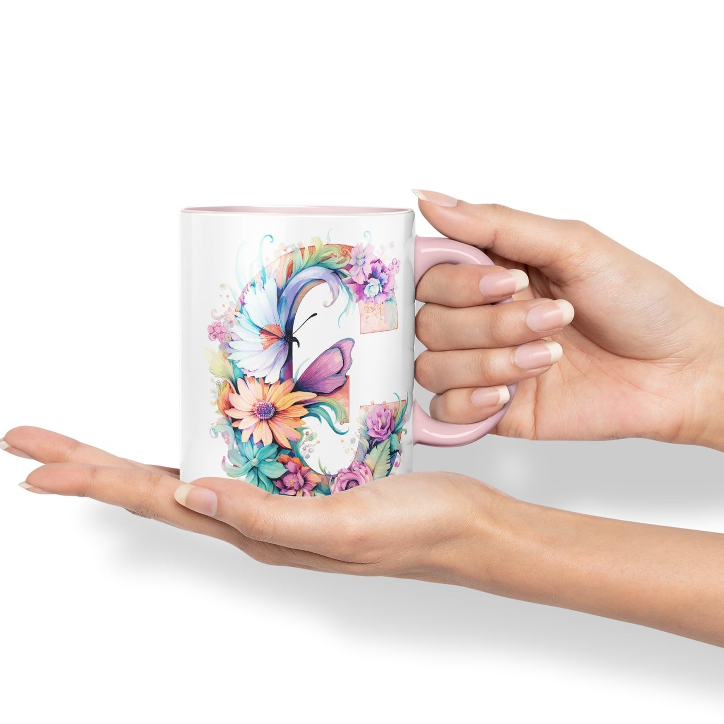Letter C mug, Floral flowers butterfly Alphabet Letter C Monogram watercolour Ceramic Coloured Mug Cup for Tea Coffee Hot brew 330ml 11Oz Gift