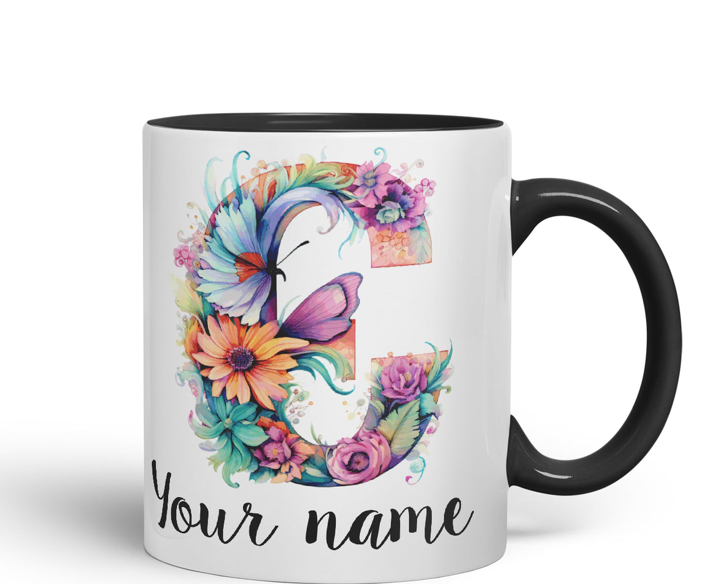 Personalised Letter C mug, Customized Custom Floral flowers butterfly Alphabet Letter C Monogram watercolour Ceramic Coloured Mug Cup for Tea Coffee Hot brew 330ml 11Oz Gift