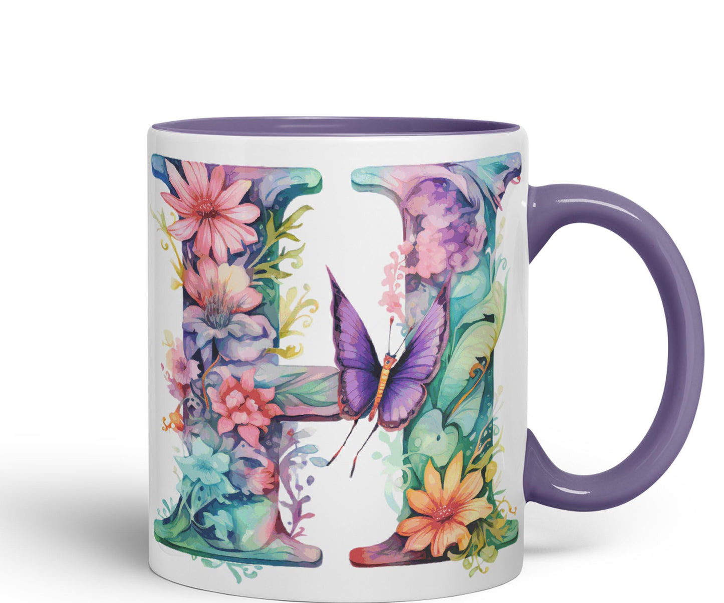 Letter H mug, Floral flowers butterfly Alphabet Letter H Monogram watercolour Ceramic Coloured Mug Cup for Tea Coffee Hot brew 330ml 11Oz Gift