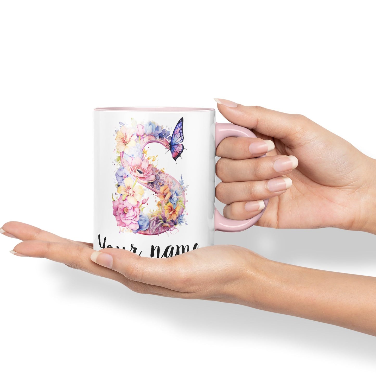 Personalised Letter S mug, Customized Custom Floral flowers butterfly Alphabet Letter S Monogram watercolour Ceramic Coloured Mug Cup for Tea Coffee Hot brew 330ml 11Oz Gift