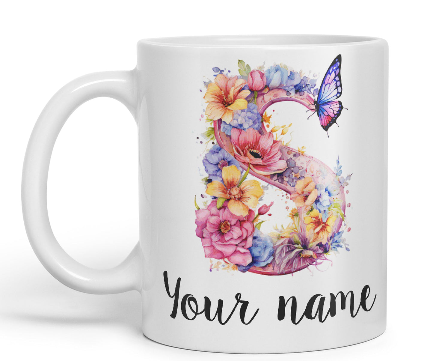 Personalised Letter S mug, Customized Custom Floral flowers butterfly Alphabet Letter S Monogram watercolour Ceramic Coloured Mug Cup for Tea Coffee Hot brew 330ml 11Oz Gift