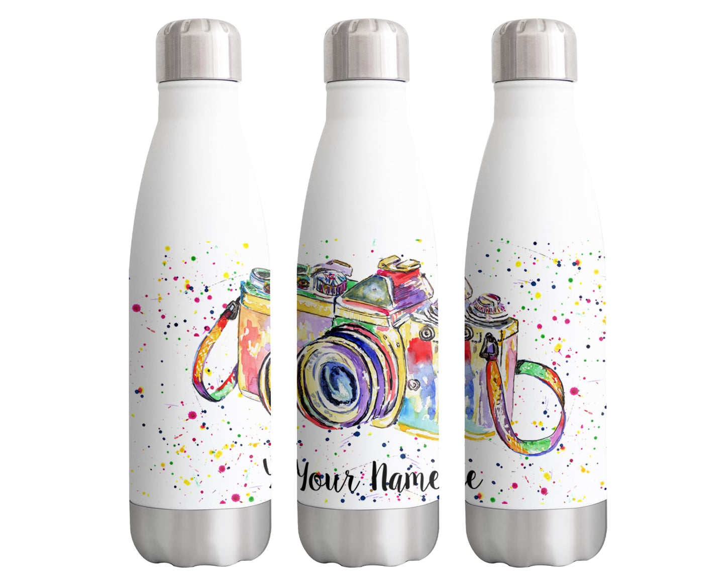 Vixar Camera Personalised Custom Bottle with your Text/name Photograph Gift Watercolour Bottle Double Wall Insulated Stainless Steel Sport Drinks 500ml