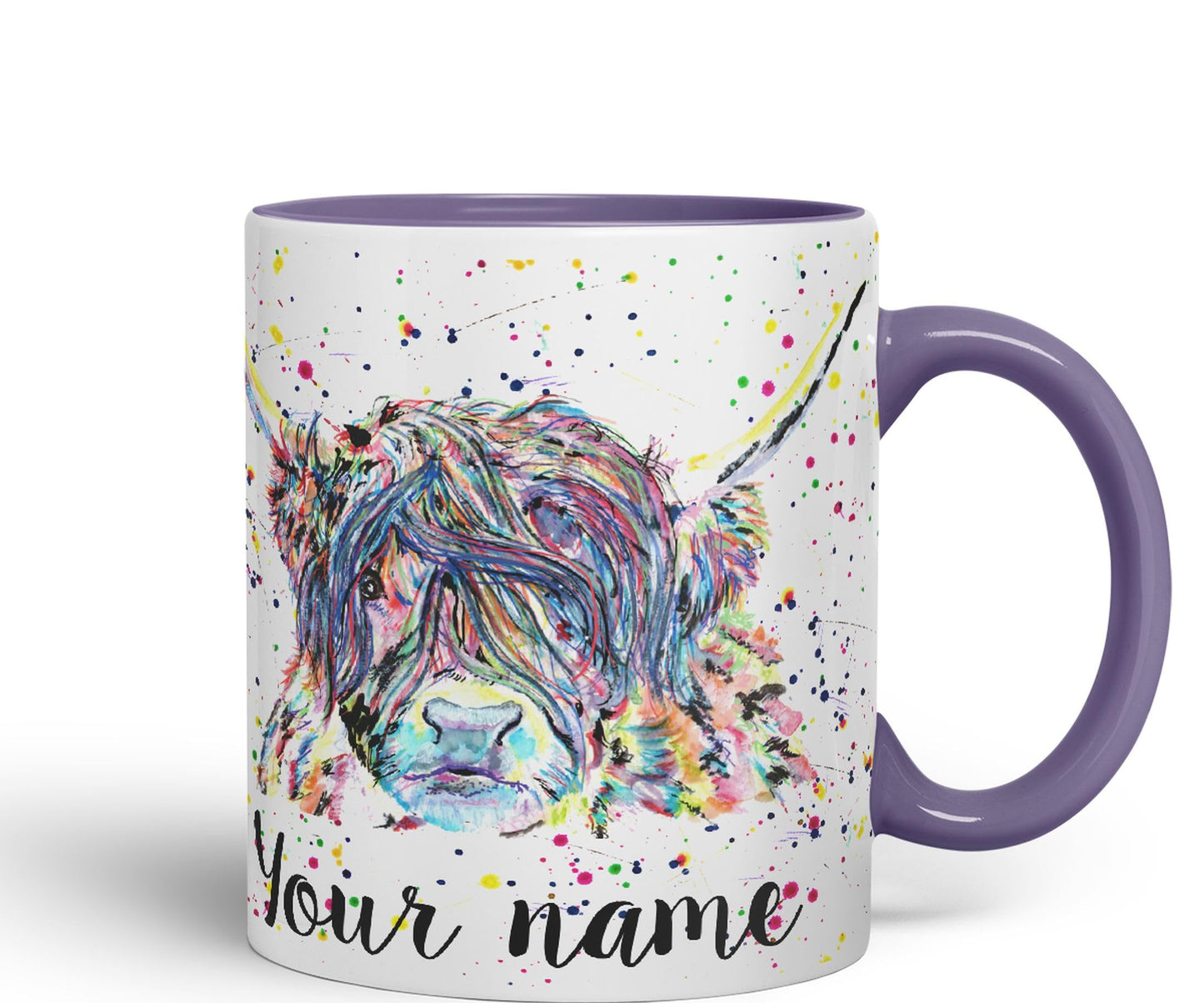 Vixar Personalised with Your Text Highland Cow Scottish Farm Animals Watercolour Art Coloured Mug Cup Gift Birthday Custom Work Office Tea Coffee (P01)