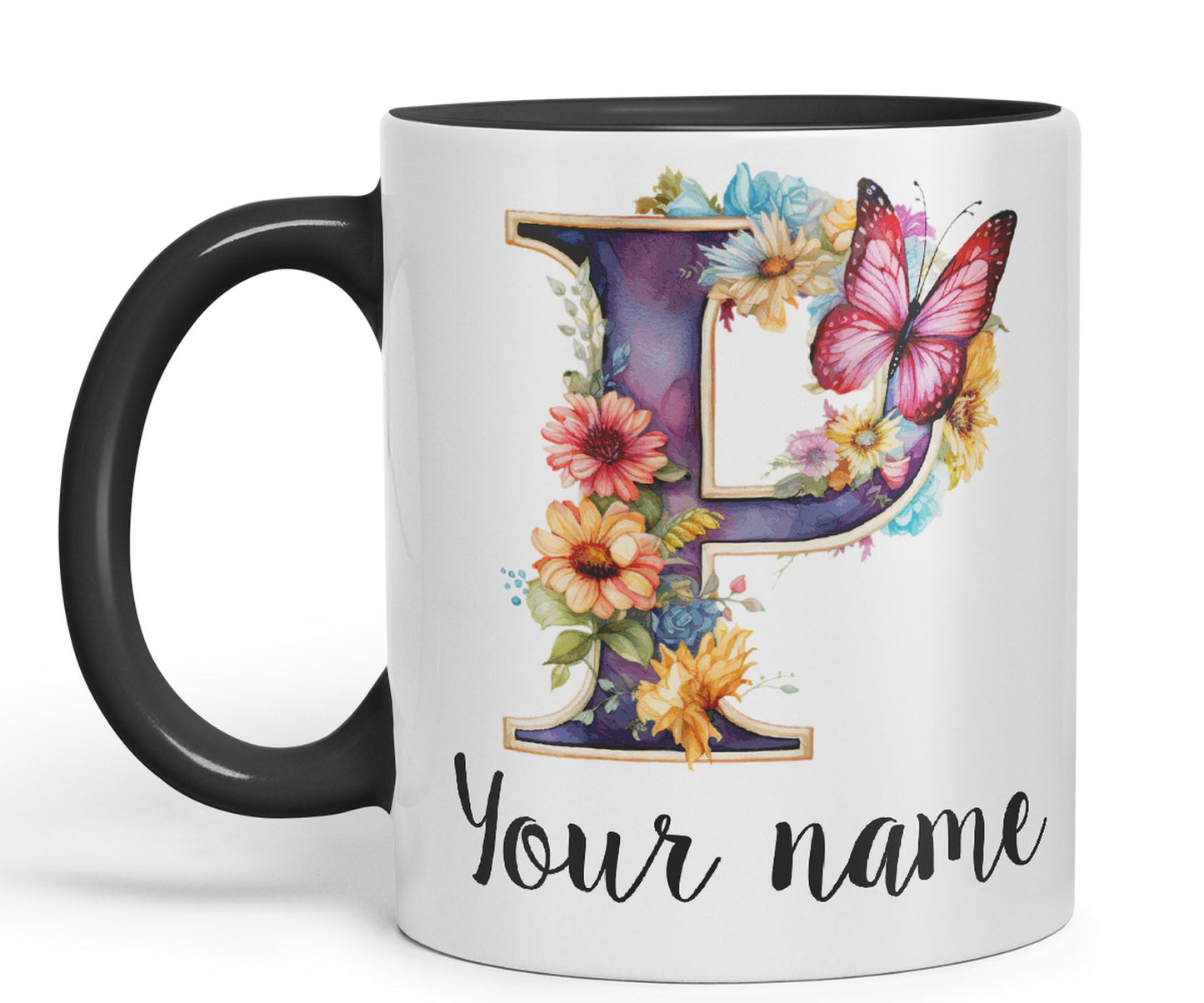 Personalised Letter P mug, Customized Custom Floral flowers butterfly Alphabet Letter P Monogram watercolour Ceramic Coloured Mug Cup for Tea Coffee Hot brew 330ml 11Oz Gift