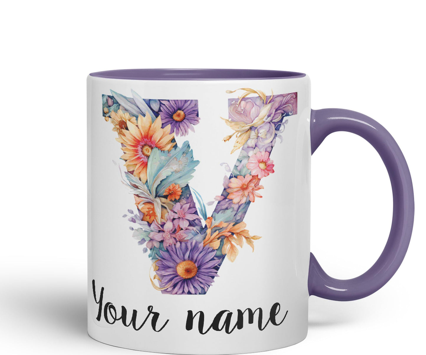 Personalised Letter V mug, Customized Custom Floral flowers butterfly Alphabet Letter V Monogram watercolour Ceramic Coloured Mug Cup for Tea Coffee Hot brew 330ml 11Oz Gift