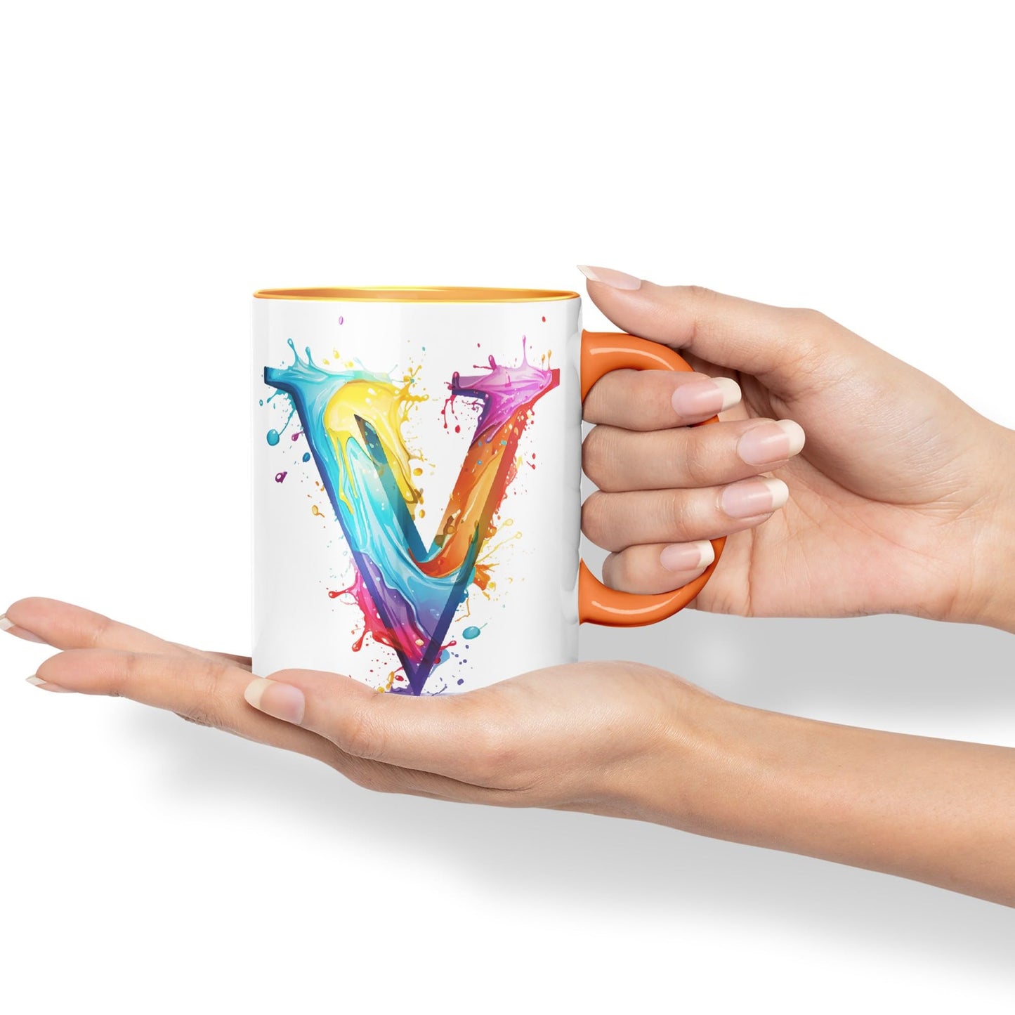 Letter V mug, Alphabet Letter V Monogram watercolour Ceramic Coloured Mug Cup for Tea Coffee Hot brew 330ml 11Oz Gift