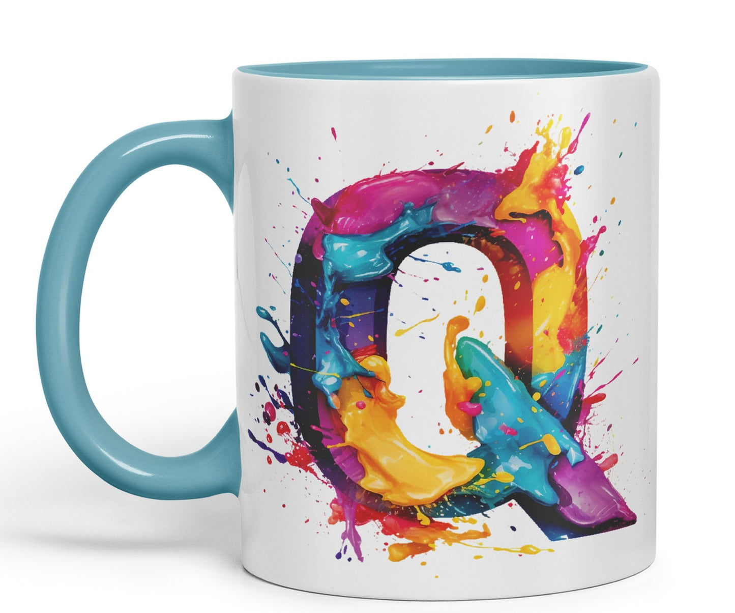 Letter Q mug, Alphabet Letter Q Monogram watercolour Ceramic Coloured Mug Cup for Tea Coffee Hot brew 330ml 11Oz Gift