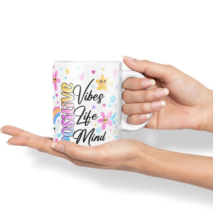 Positive Vibes Life Mind Presents Coloured Ceramic Mug Cup Gift 330ml 11oz Work Office Tea Coffee Gift