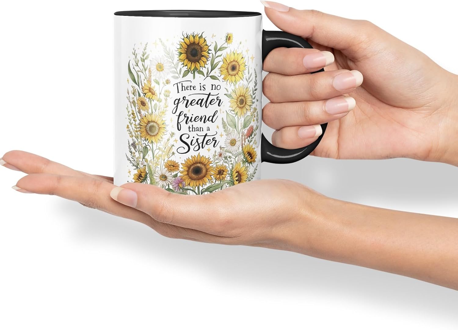 Vixar There is No Greater Gift Than Sisters Coloured Mug Cup Floral Sister Gift 11oz (Black)