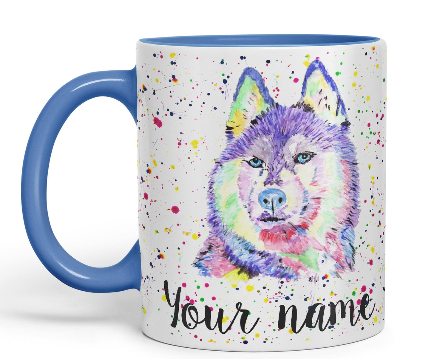 Vixar Personalised with Your Text Husky Snow Dog Pet Animals Watercolour Art Coloured Ceramic Mug Cup Gift 330ml 11oz Custom Work Office Tea Coffee