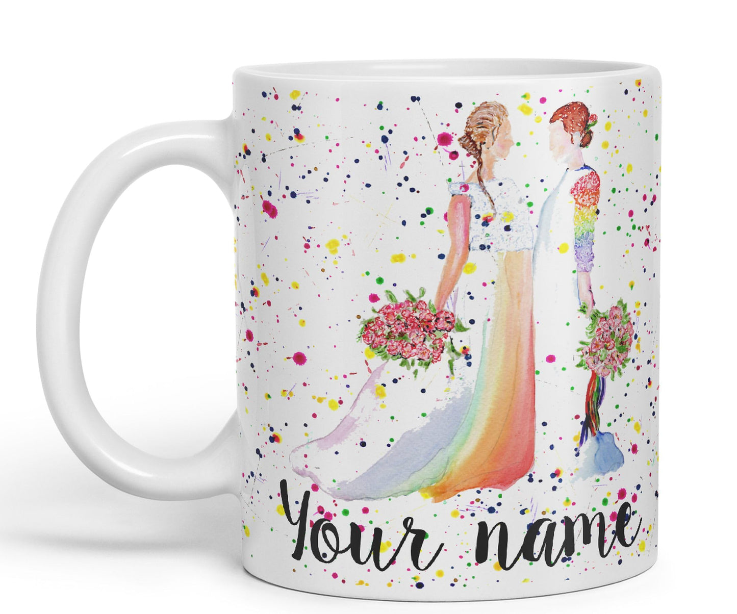 Vixar Personalised with Your Text Wedding Mrs and Mrs Pride Lesbian Art Coloured Ceramic Mug Cup Gift 330ml 11oz Custom Work Office Tea Coffee