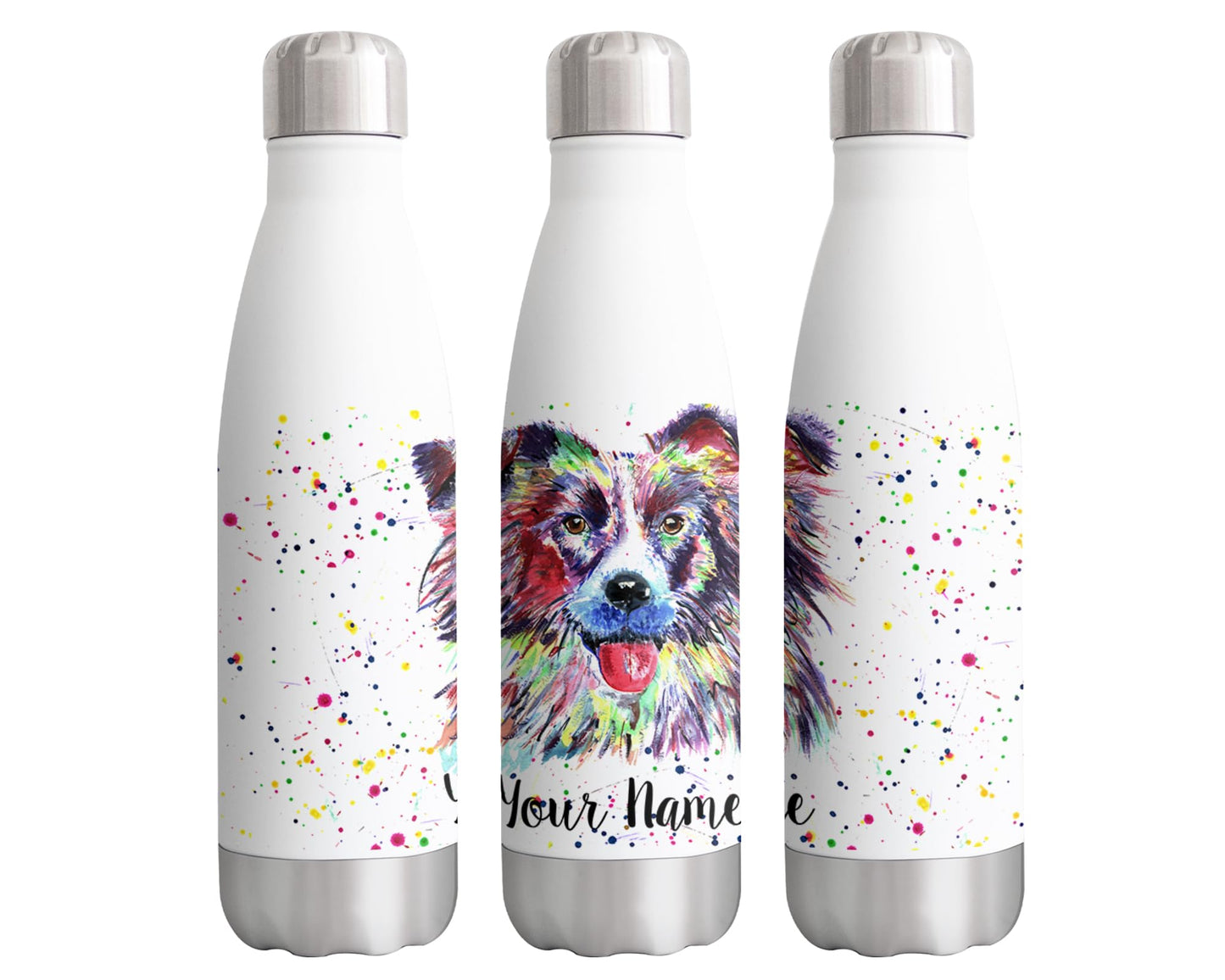 Vixar Border Collie Personalised Custom Bottle with your Text/name Dog pet Watercolour Farm animals Bottle double Wall insulated Stainless steel sport Drinks 500ml