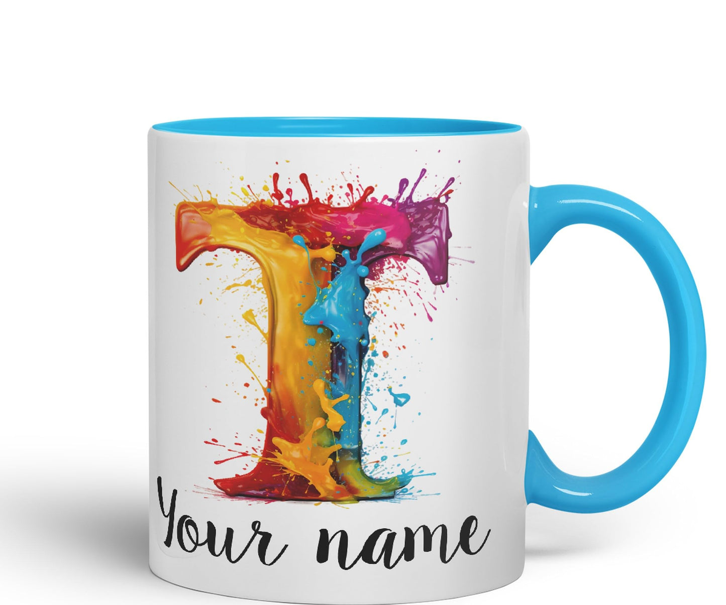 Personalised Letter T mug, Alphabet cusomized custom Letter T Monogram watercolour Ceramic Coloured Mug Cup for Tea Coffee Hot brew 330ml 11Oz Gift