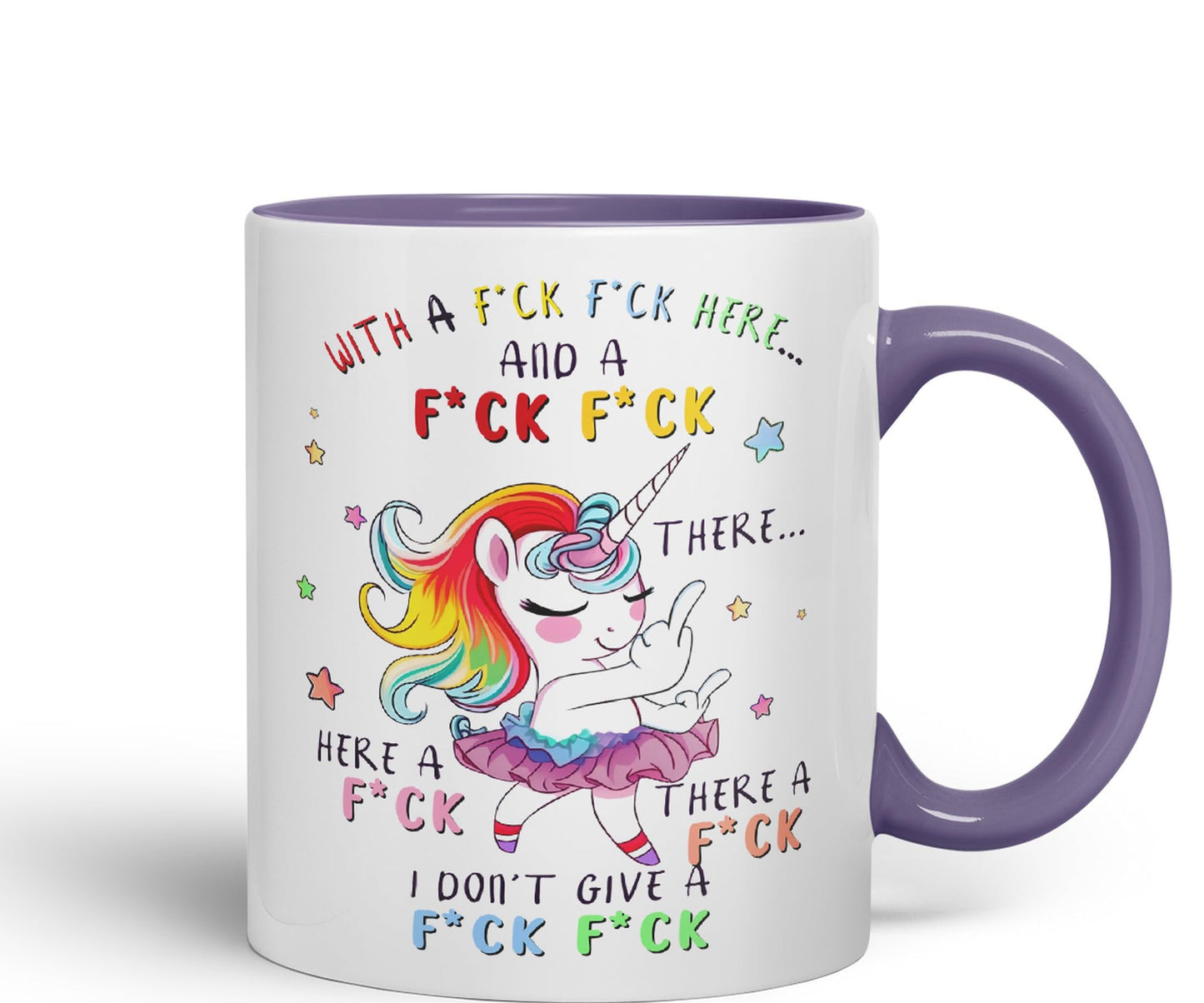 with a f.ck here and… There. I Don't Give a f.ck Unicorn Joke sarkasm Sarcastic Ceramic Coloured Mug Cup for Tea Coffee Hot Brew 330ml 11Oz Gift